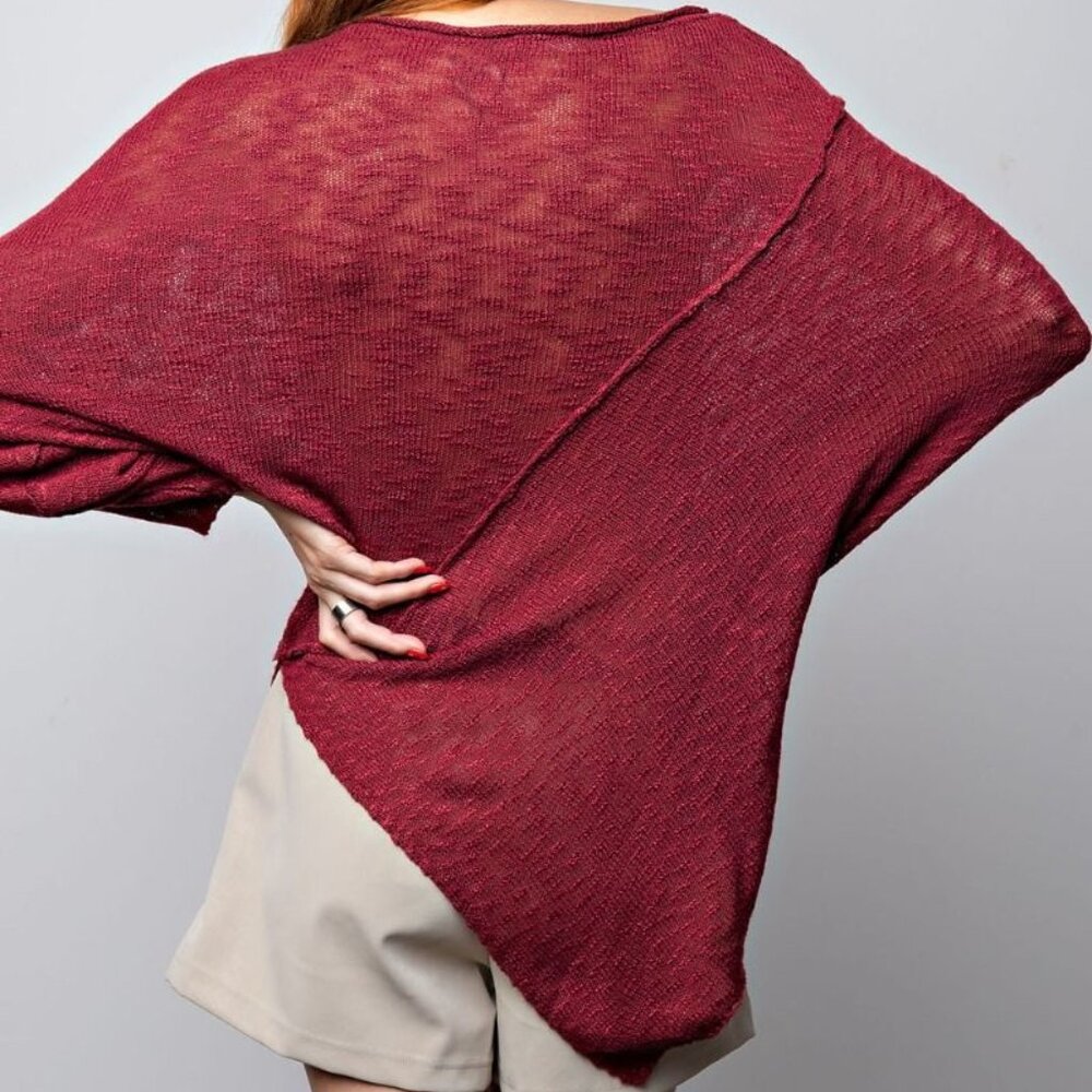 Easel Velvet Merlot - Knit Diagonal Hem Sweater - Picture 2 of 2